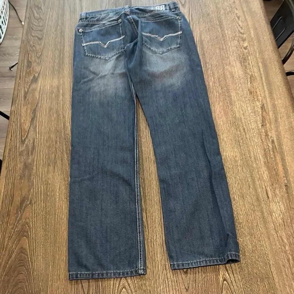 Request Jeans Straight Leg Mid Rise Distressed Denim Medium Wash Blue Size 32x32